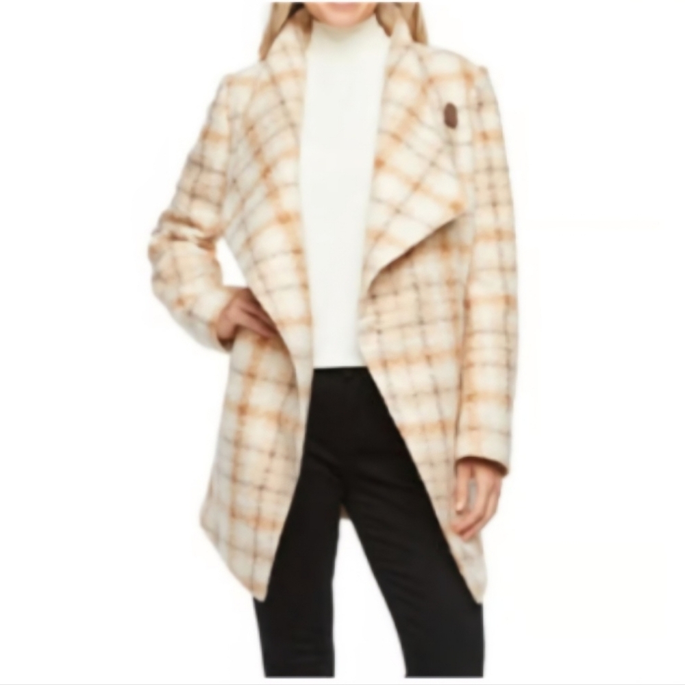 Liz Claiborne Cream and Tan Plaid Crossover Cape Coat